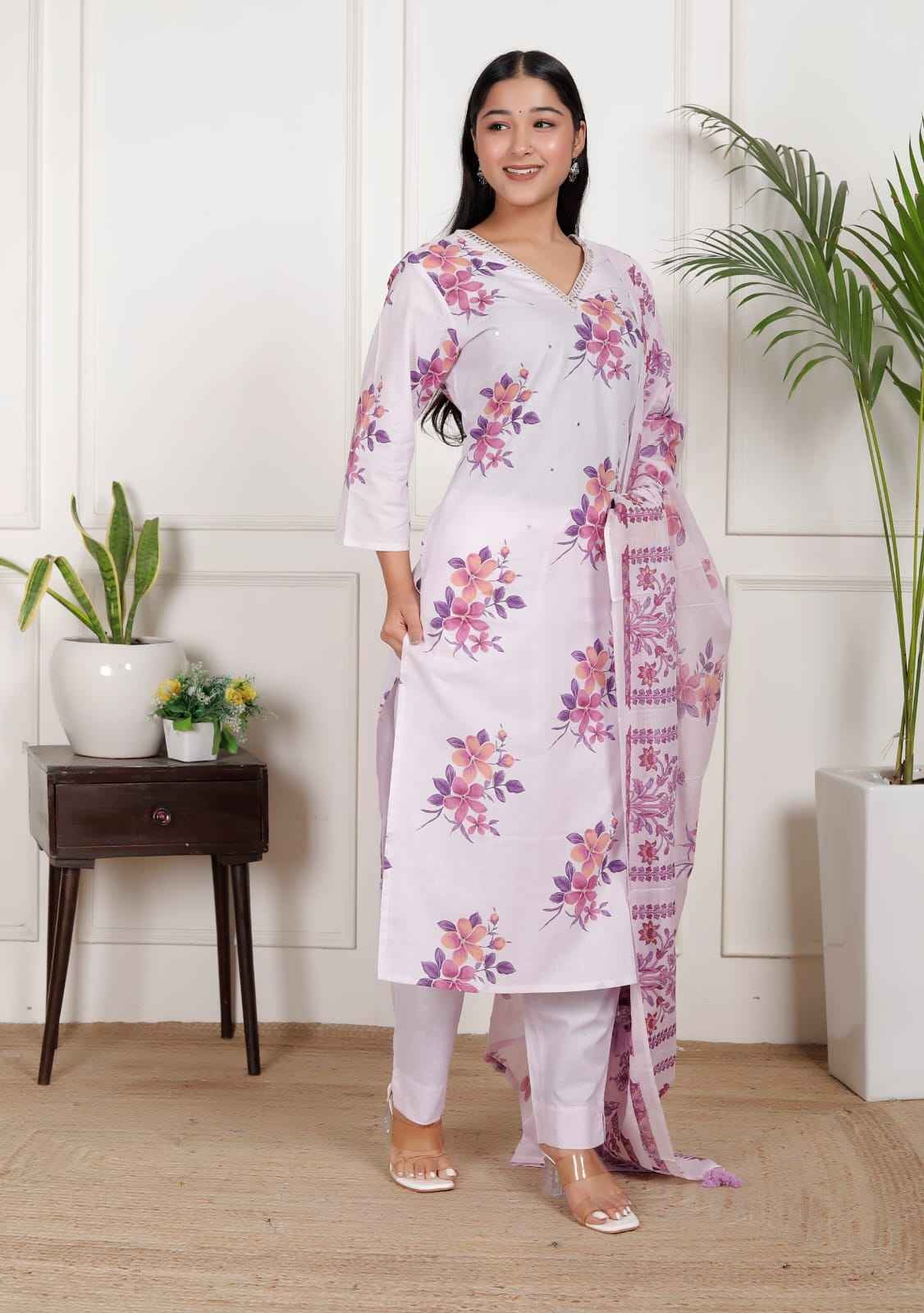 Pastel purple floral-print kurta set 